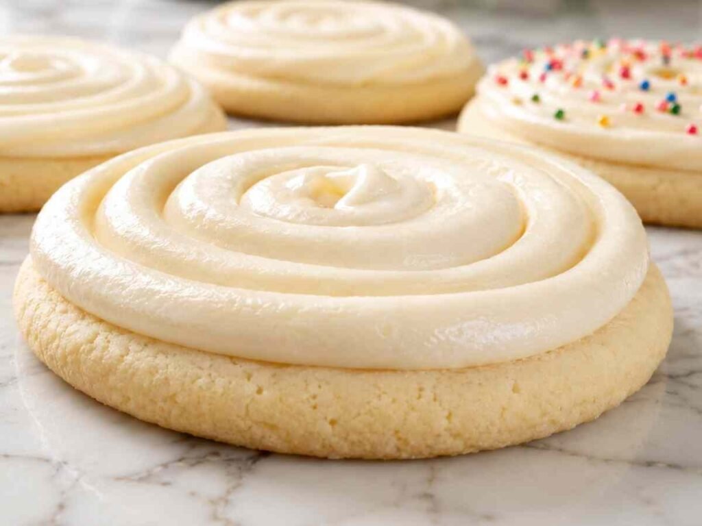 Gluten free sugar cookies with swirled white buttercream frosting on a marble surface, one topped with colorful sprinkles