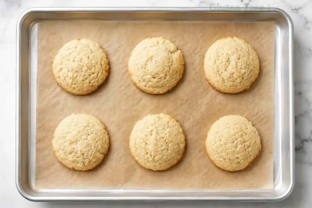 Six baked gluten free sugar cookies on a parchment-lined baking sheet, lightly golden at the edges and just out of the oven