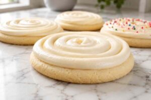 Three frosted gluten free sugar cookies on a marble surface, showing soft domed texture and swirled white buttercream with one topped with sprinkles