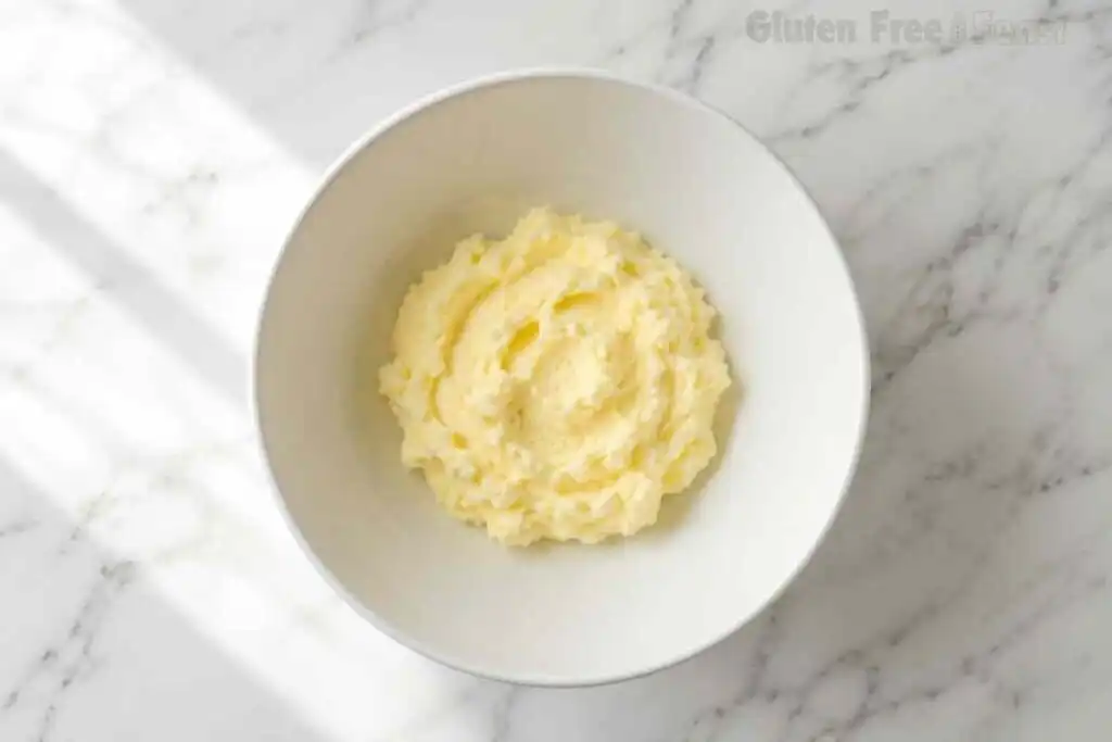 Butter and sugar creamed together in a white bowl, fluffy and pale yellow, for gluten free sugar cookies