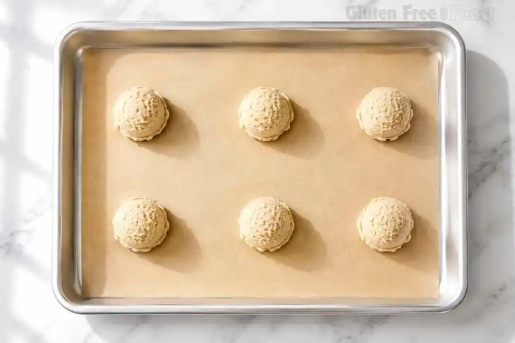 Six scooped gluten free sugar cookie dough balls on a parchment-lined baking sheet, spaced 2 inches apart and ready to bake