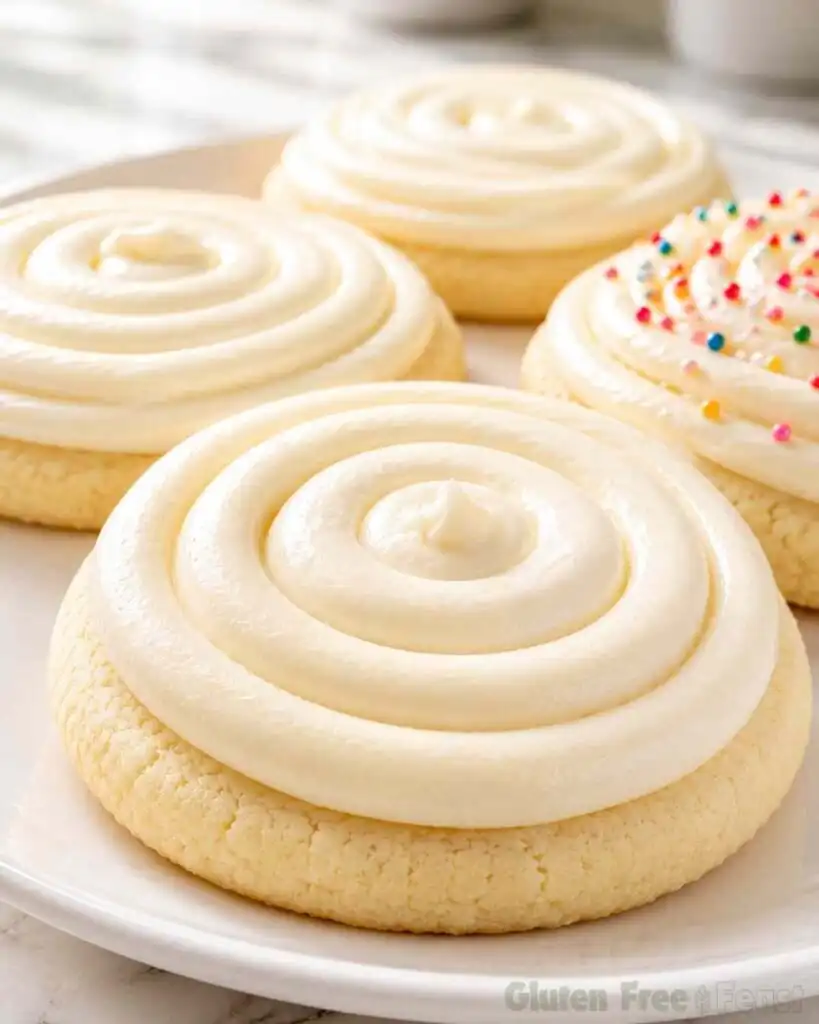 Close-up of frosted gluten free sugar cookies on a white plate, showing soft domed texture and thick swirled buttercream