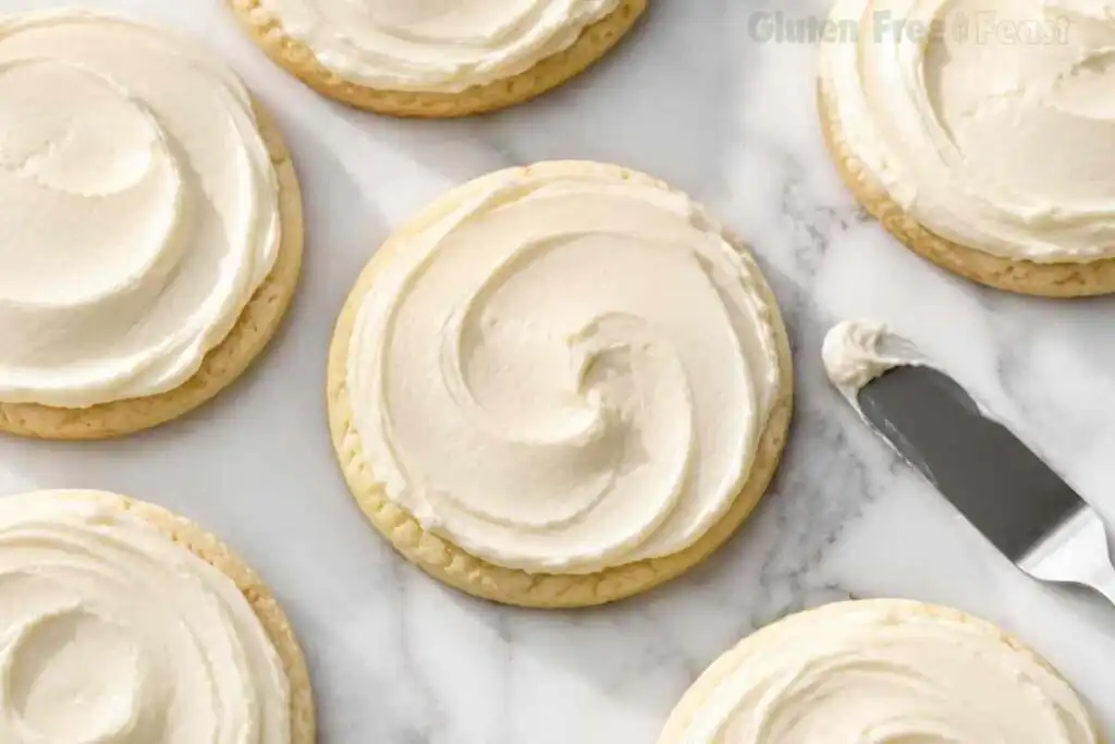 Spreading white buttercream frosting on a baked gluten free sugar cookie with an offset spatula, surrounded by more frosted cookies