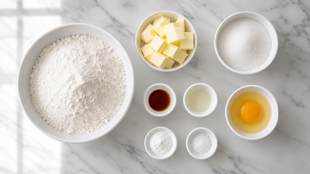 Certified gluten free flour blend and baking powder whisked together in a white bowl on marble