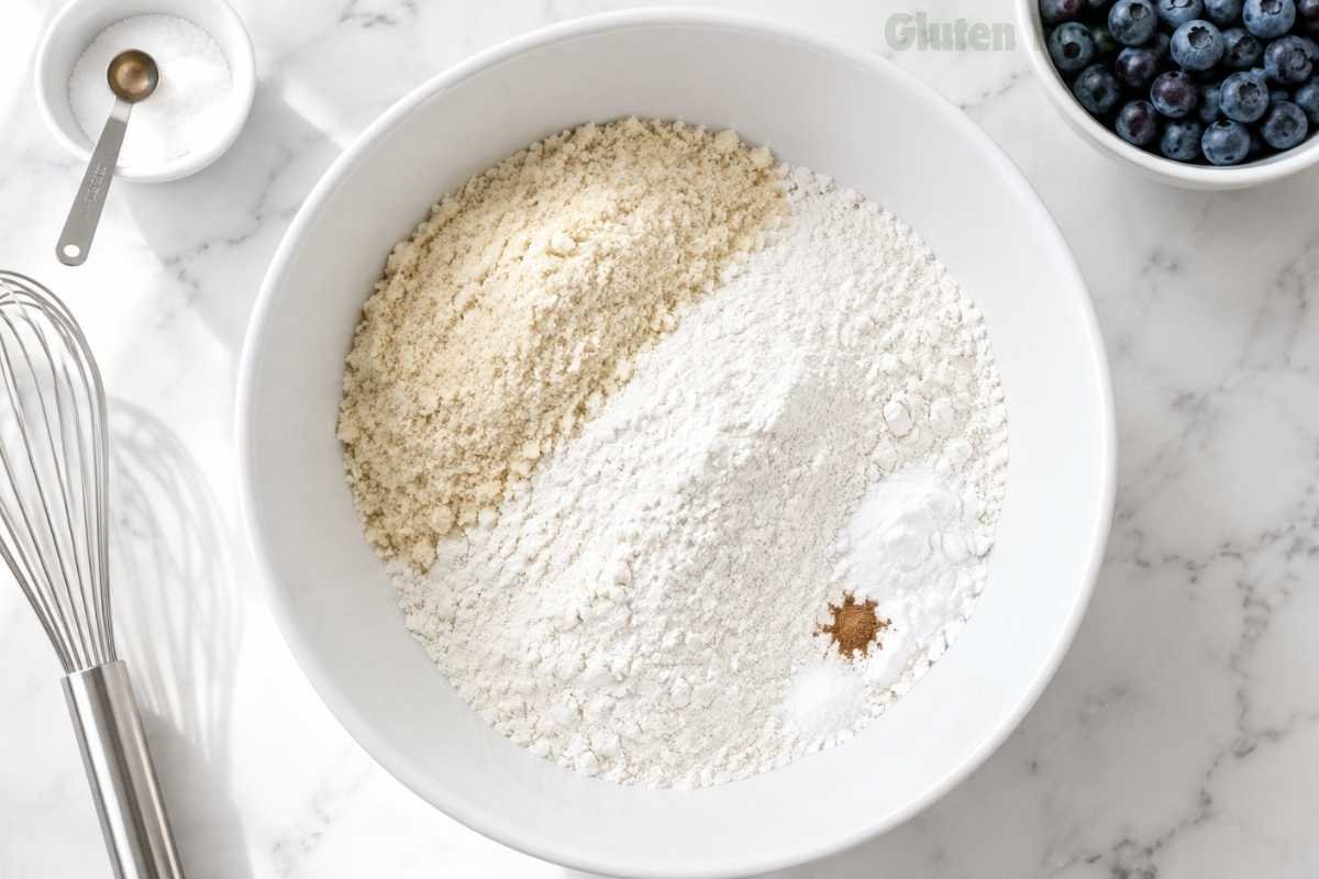 Overhead shot of GF flour blend and almond flour combined with leavening agents in a large white mixing bowl with a stainless steel whisk alongside, on a white marble countertop