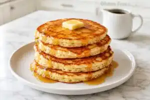 Overhead flat-lay of gluten-free pancake dry ingredients — GF flour blend, baking powder, salt and sugar in a white ceramic bowl with a stainless steel whisk on a white marble countertop