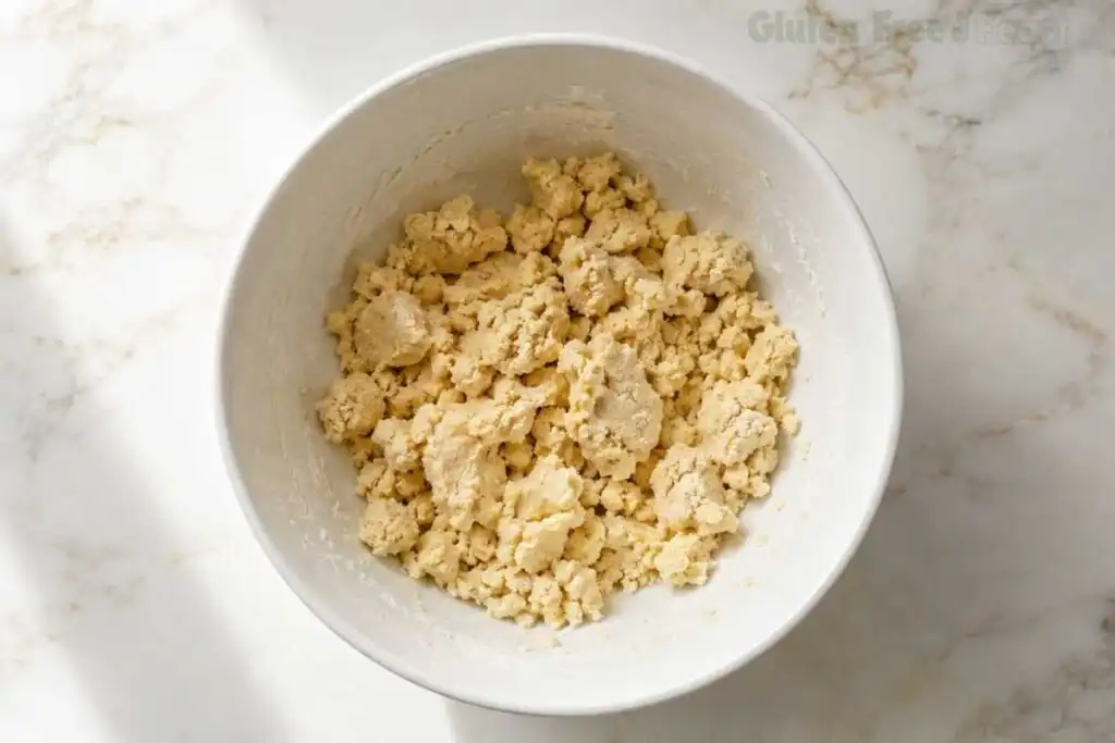 Gently mixing the wet and dry ingredients together for gluten-free pancakes. Small lumps in the batter are completely normal before the resting step.