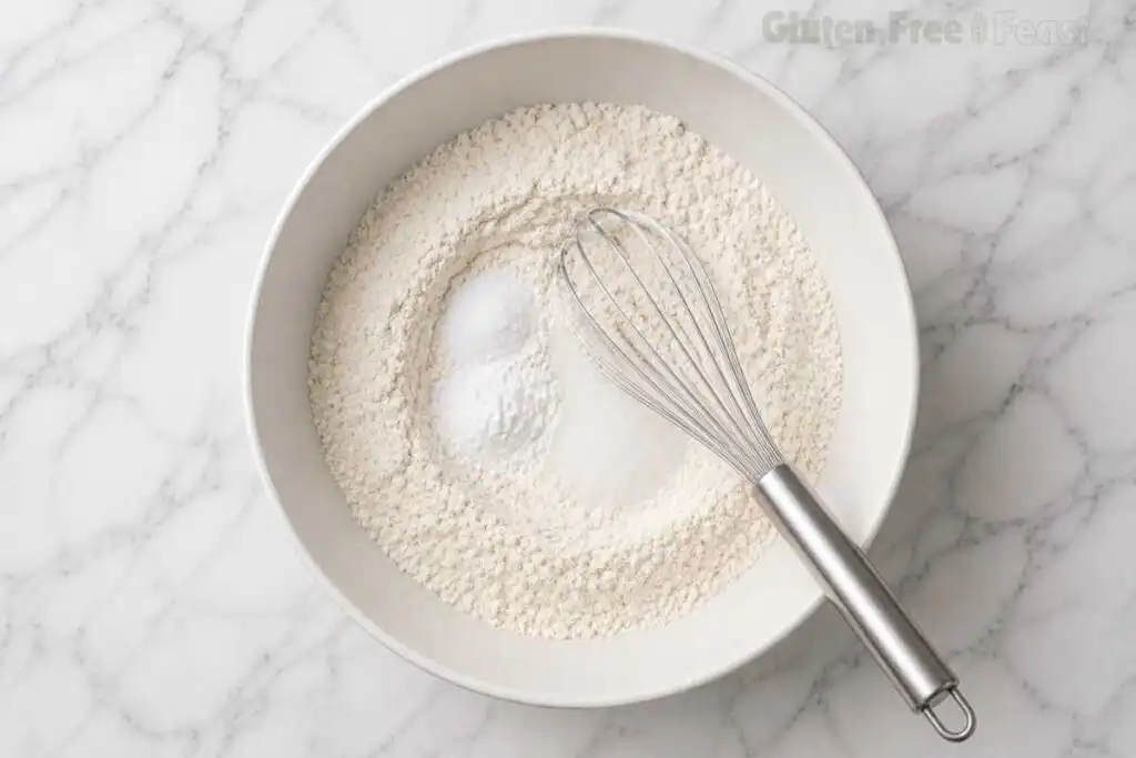 A tall stack of fluffy golden gluten-free pancakes on a white ceramic plate drizzled with maple syrup and topped with a melting knob of butter on a white marble countertop