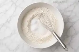 A tall stack of fluffy golden gluten-free pancakes on a white ceramic plate drizzled with maple syrup and topped with a melting knob of butter on a white marble countertop