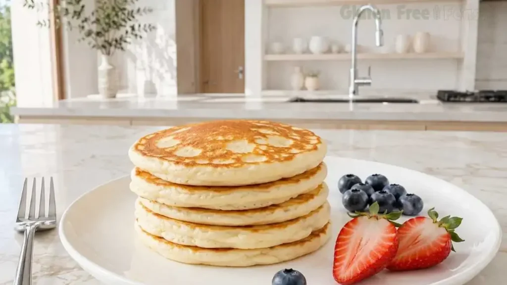 A wide shot of a stack of five thick, fluffy gluten-free pancakes on a white plate served with fresh strawberries and blueberries.