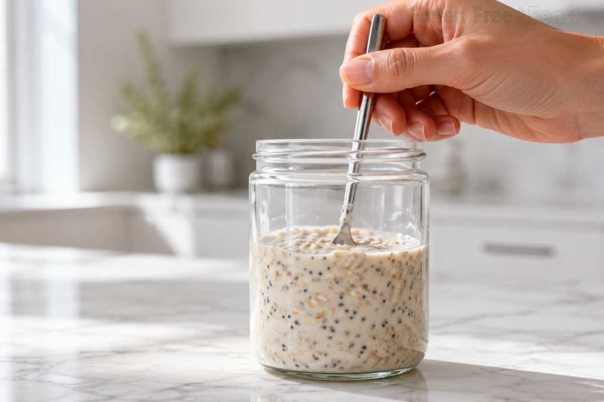 Hand stirring gluten free overnight oats in a glass mason jar with a spoon in a bright white kitchen