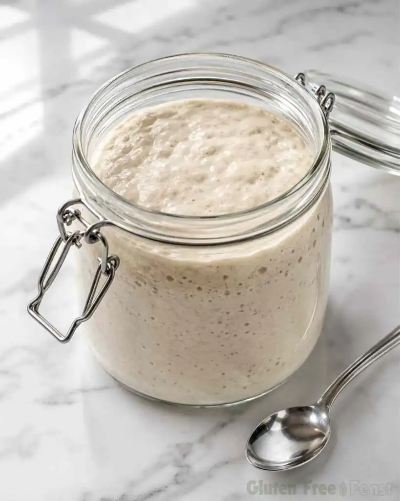 Fermented gluten free sourdough starter with visible bubbles inside a clear glass jar.