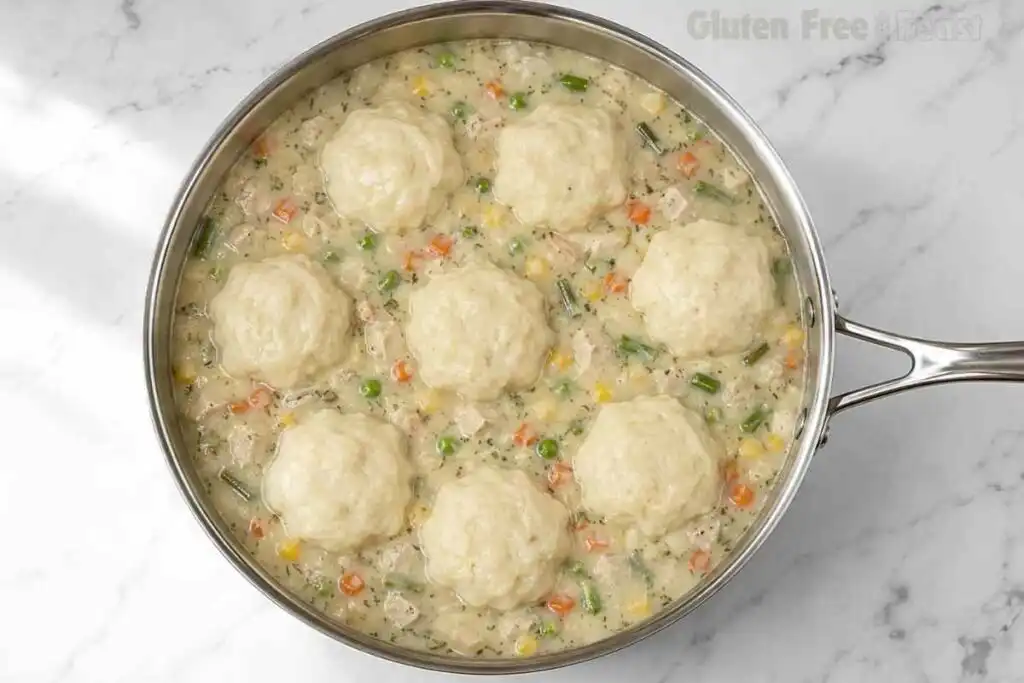 Raw gluten free dumpling batter dropped onto creamy chicken stew