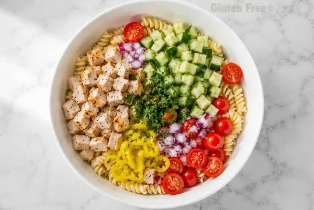 Unmixed gluten-free pasta salad ingredients in a large white bowl