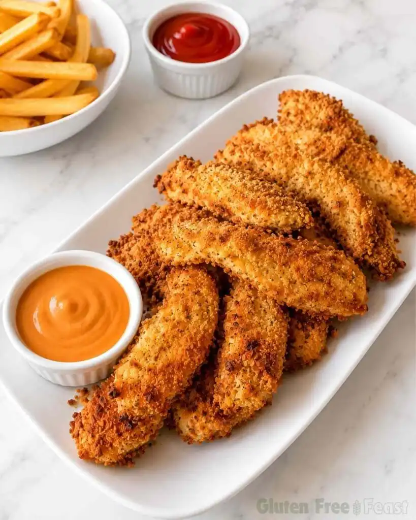 Crispy baked gluten-free chicken tenders served with creamy dipping sauce and fries.