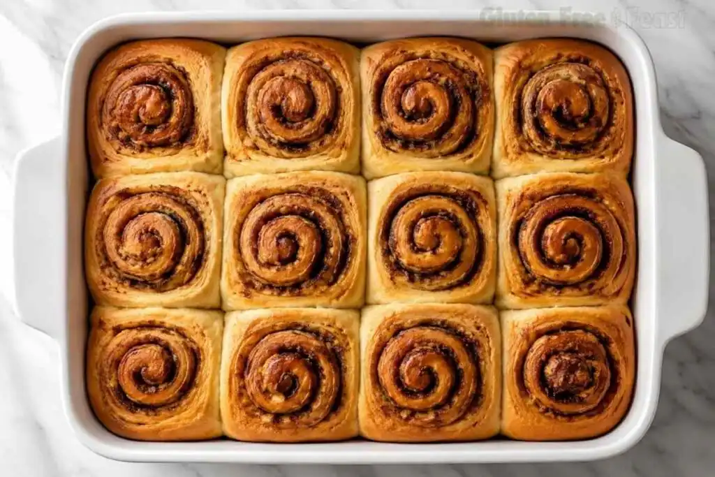 Baked gluten free cinnamon rolls in a white baking dish