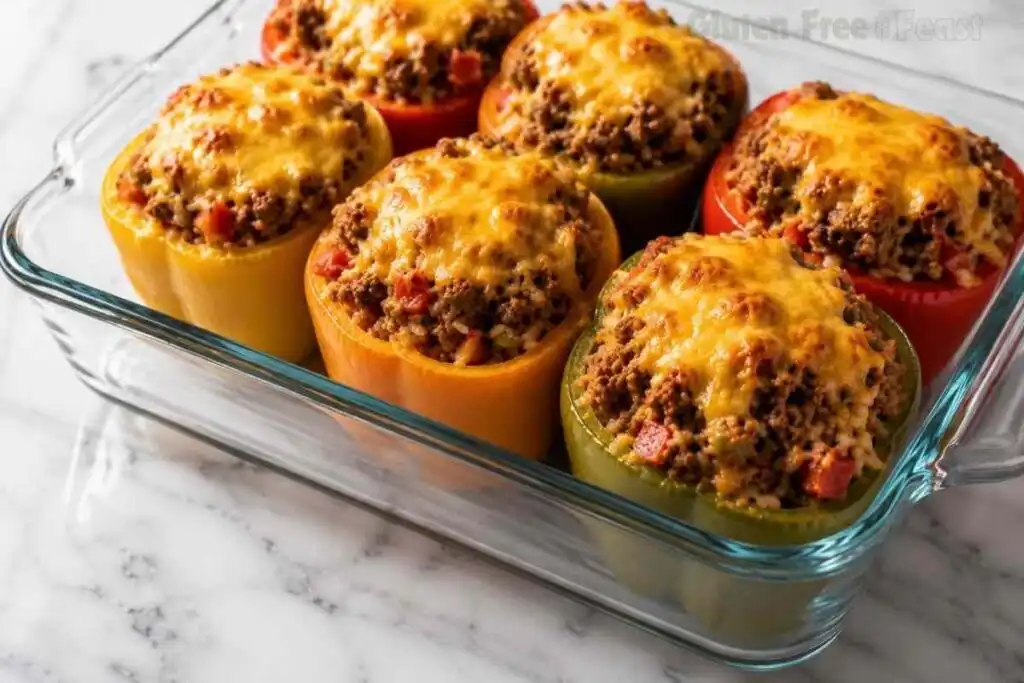 Freshly baked gluten-free stuffed peppers with melted cheddar cheese in a glass baking dish.
