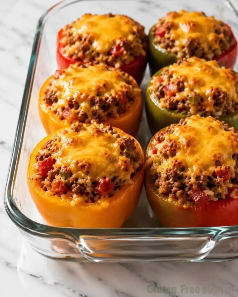 Overhead view of baked gluten-free stuffed peppers with golden cheddar cheese in a baking dish.