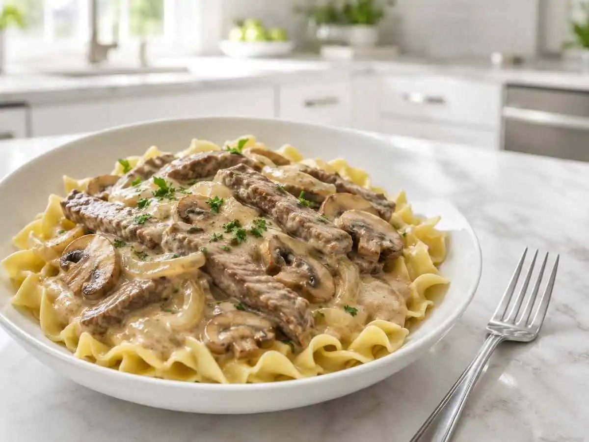 Creamy Gluten Free Beef Stroganoff plated with gluten-free noodles in a white bowl.