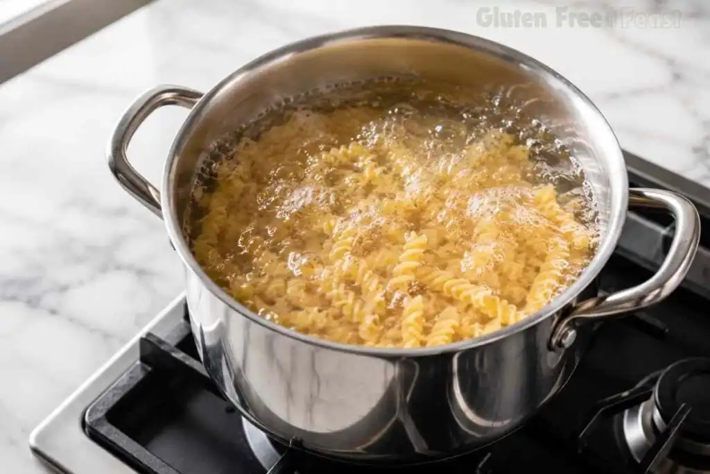 Gluten-free rotini pasta cooking in a pot of boiling water