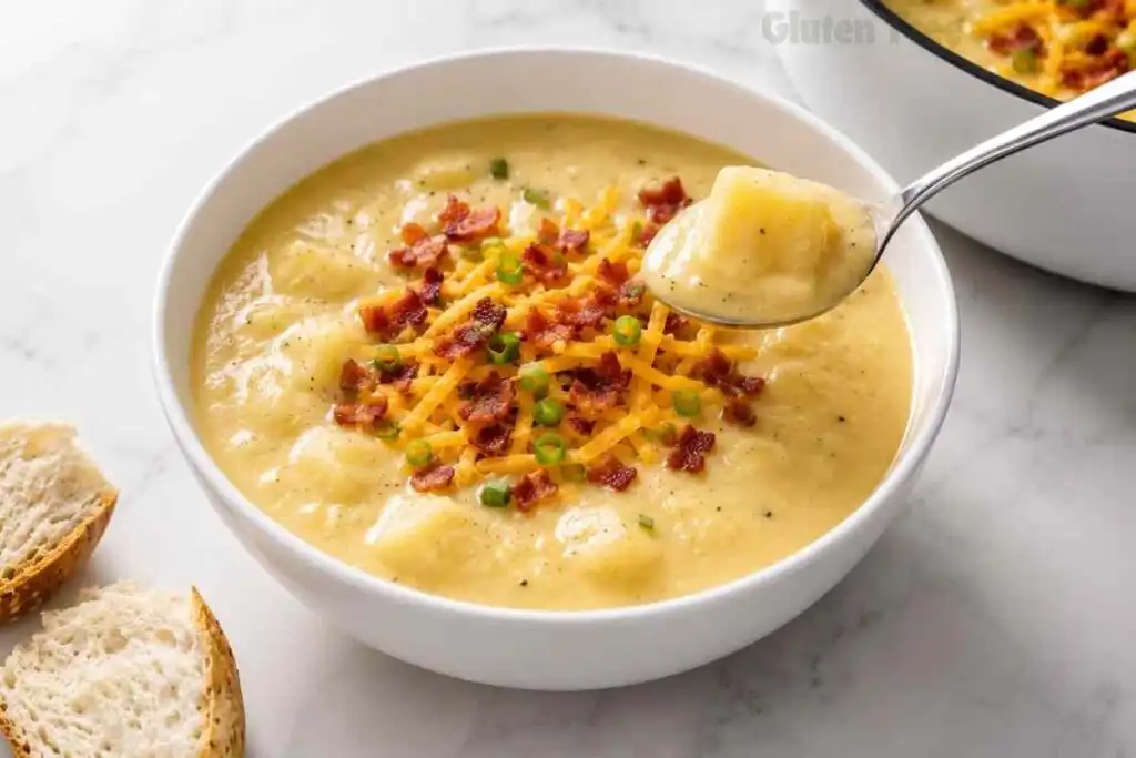 Homemade gluten free potato soup with bacon, cheddar, and green onions