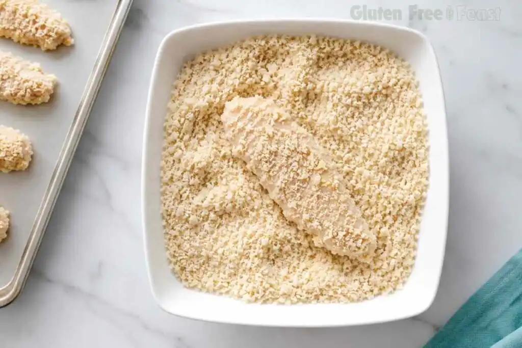 Chicken strip being coated in gluten-free panko breadcrumbs before baking.