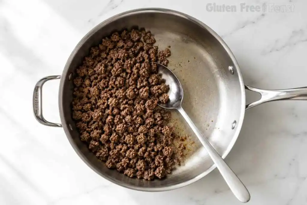 Lean ground beef browning in a stainless steel skillet for gluten-free stuffed peppers.