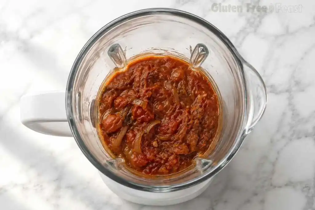 Cooked tomato, onion, and spice mixture transferred to a glass blender