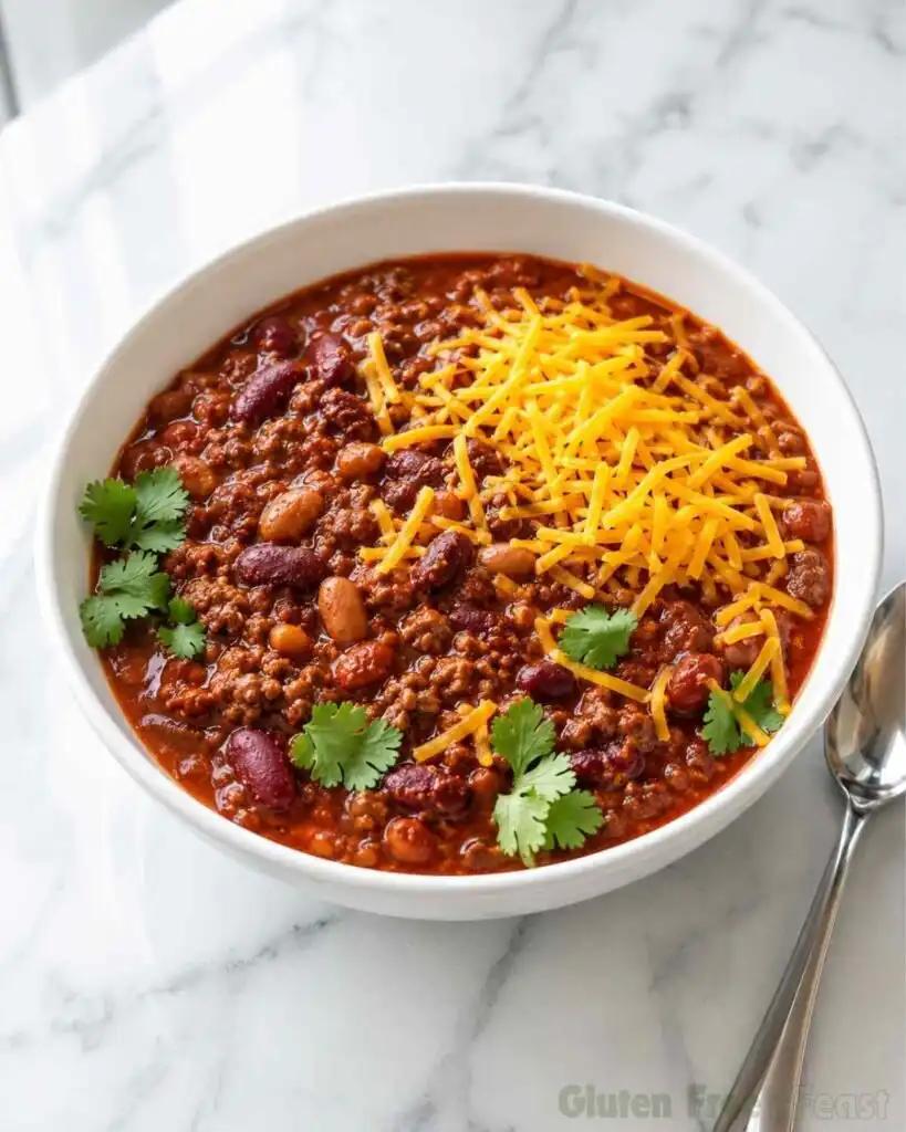 Overhead view of gluten free chili in a white bowl with cheddar cheese and cilantro.