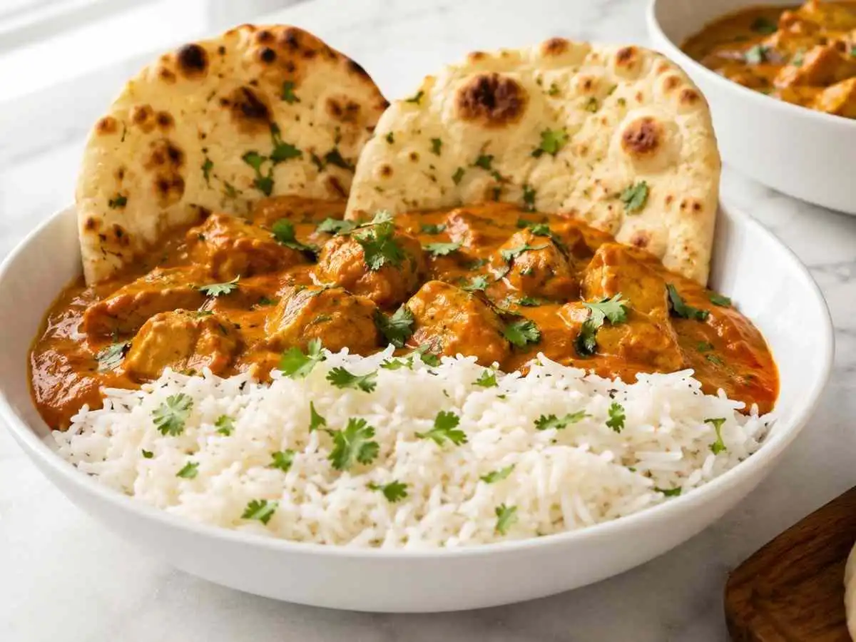 Celiac-safe gluten-free dairy-free butter chicken served with rice and naan