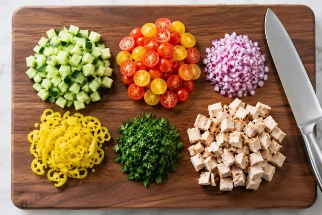 Chopped cucumber, tomatoes, red onion, chicken, parsley, and pepperoncini on a cutting board