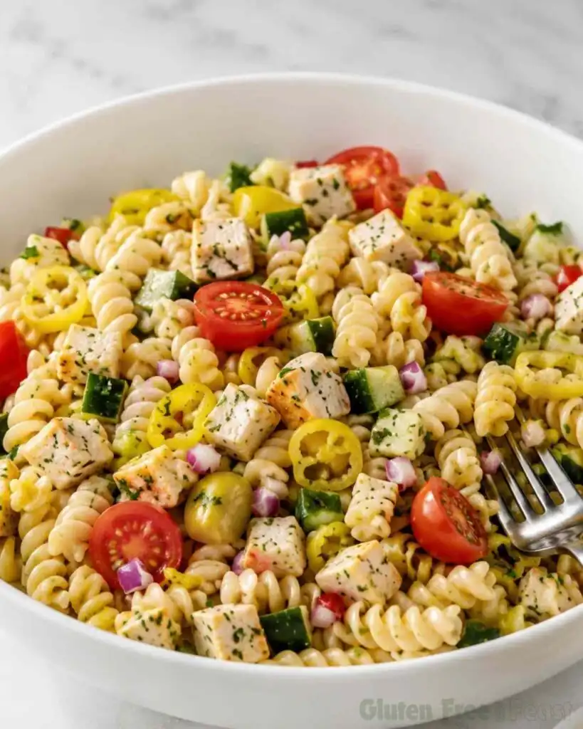 Close-up of gluten-free pasta salad with rotini, chicken, and fresh vegetables
