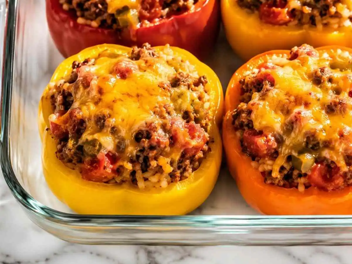 Macro close-up of cheesy gluten-free stuffed peppers filled with seasoned beef, rice, tomatoes, and vegetables.