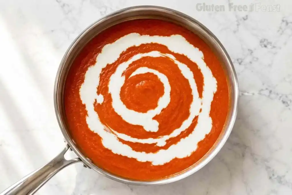 White coconut cream swirled over smooth orange-red butter chicken sauce