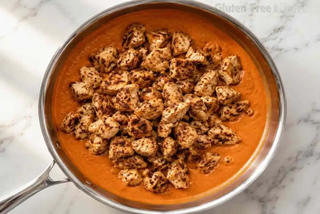 Cooked chicken thigh pieces added to creamy butter chicken sauce in a skillet