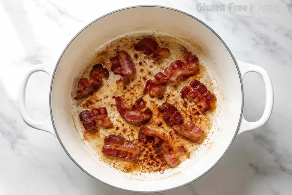 Crispy bacon cooking in a white Dutch oven for gluten free potato soup