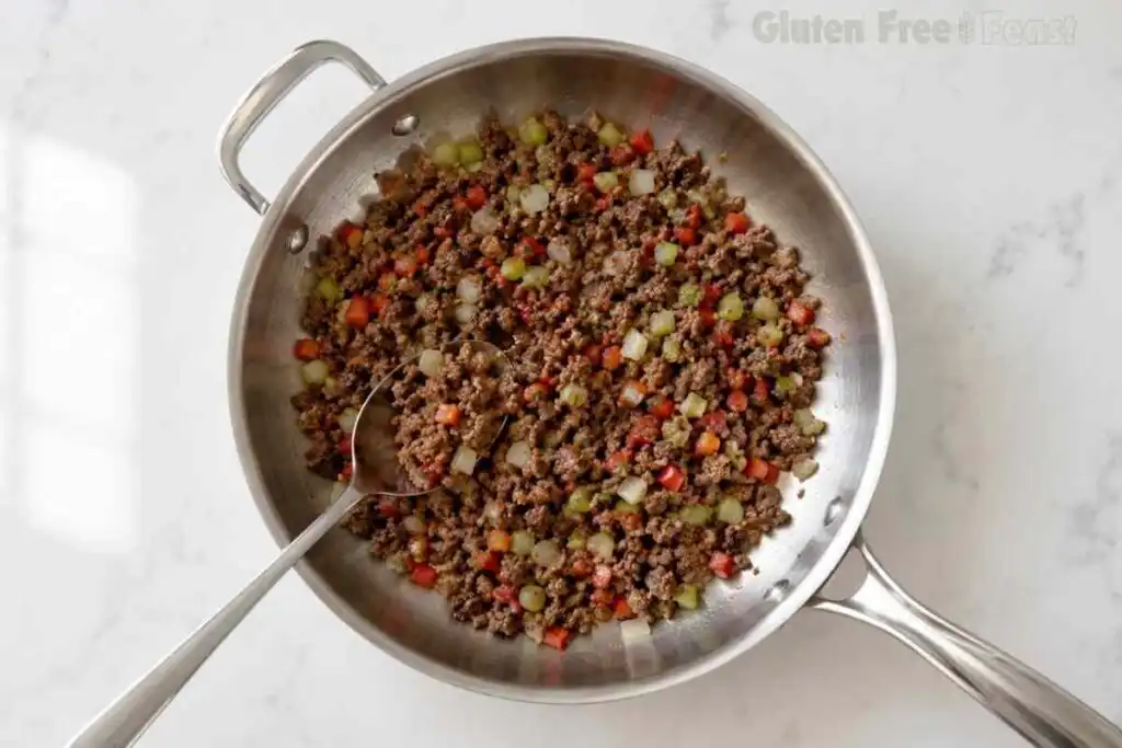 Ground beef cooking with diced onions, celery, and bell peppers in a skillet.