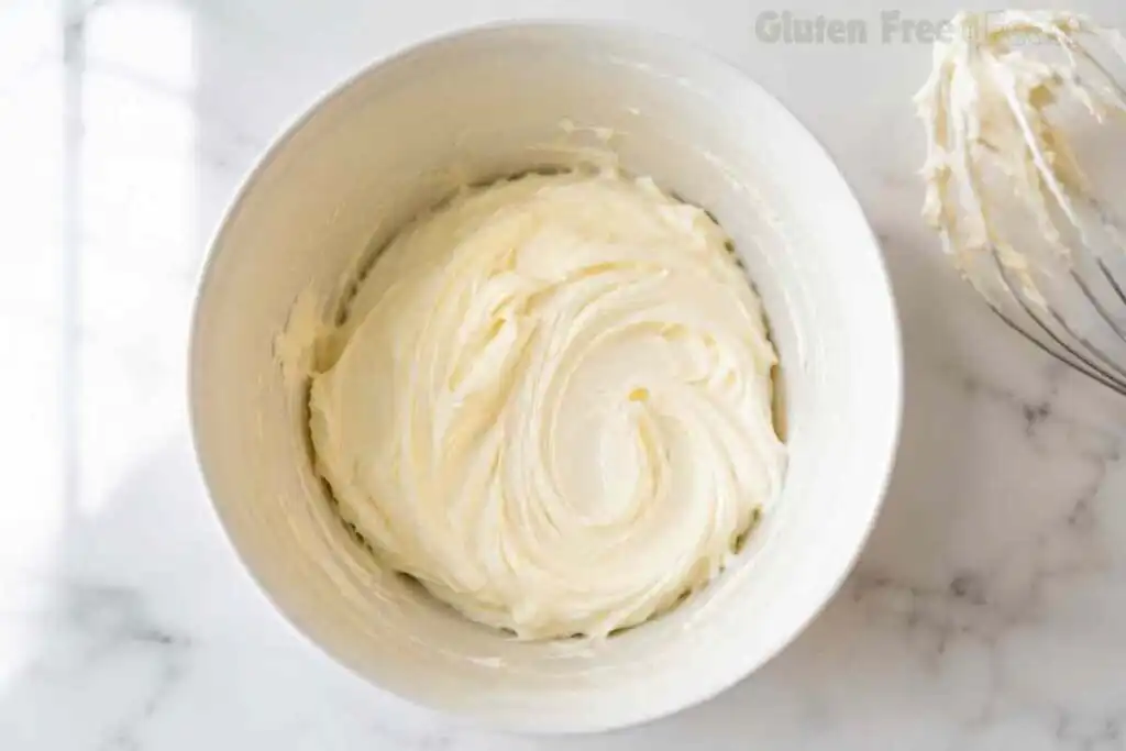 Cream cheese frosting for gluten free cinnamon rolls in a white bowl