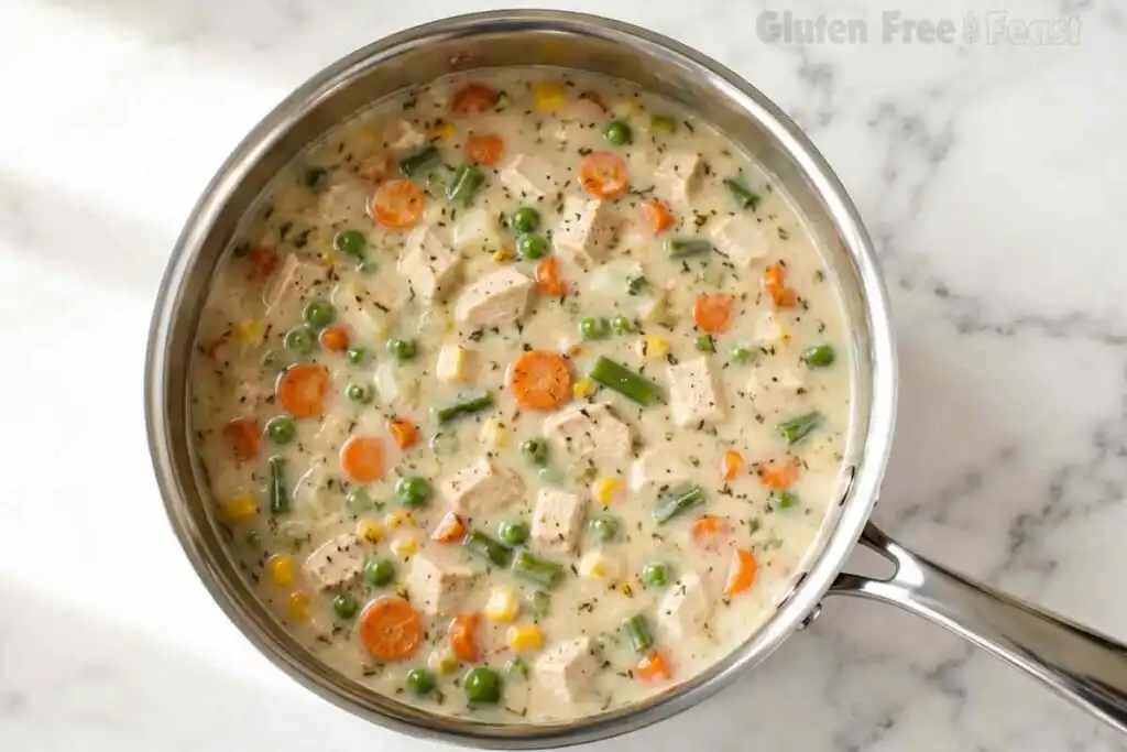 Creamy chicken stew simmering with vegetables in a stainless steel saucepan