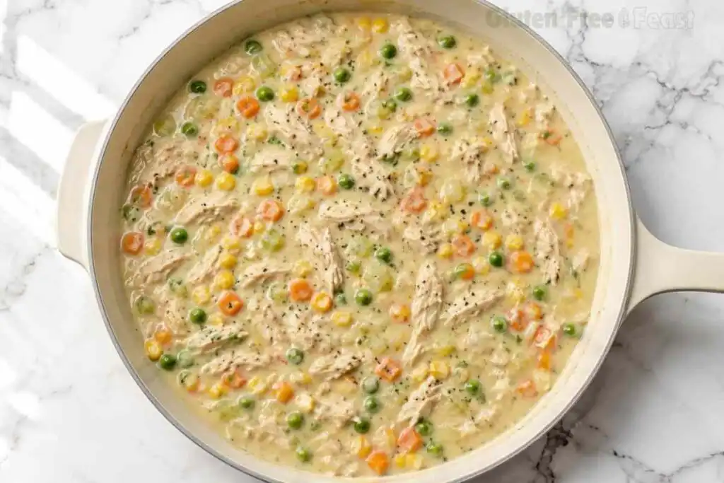 Creamy gluten free chicken pot pie filling cooking in a skillet