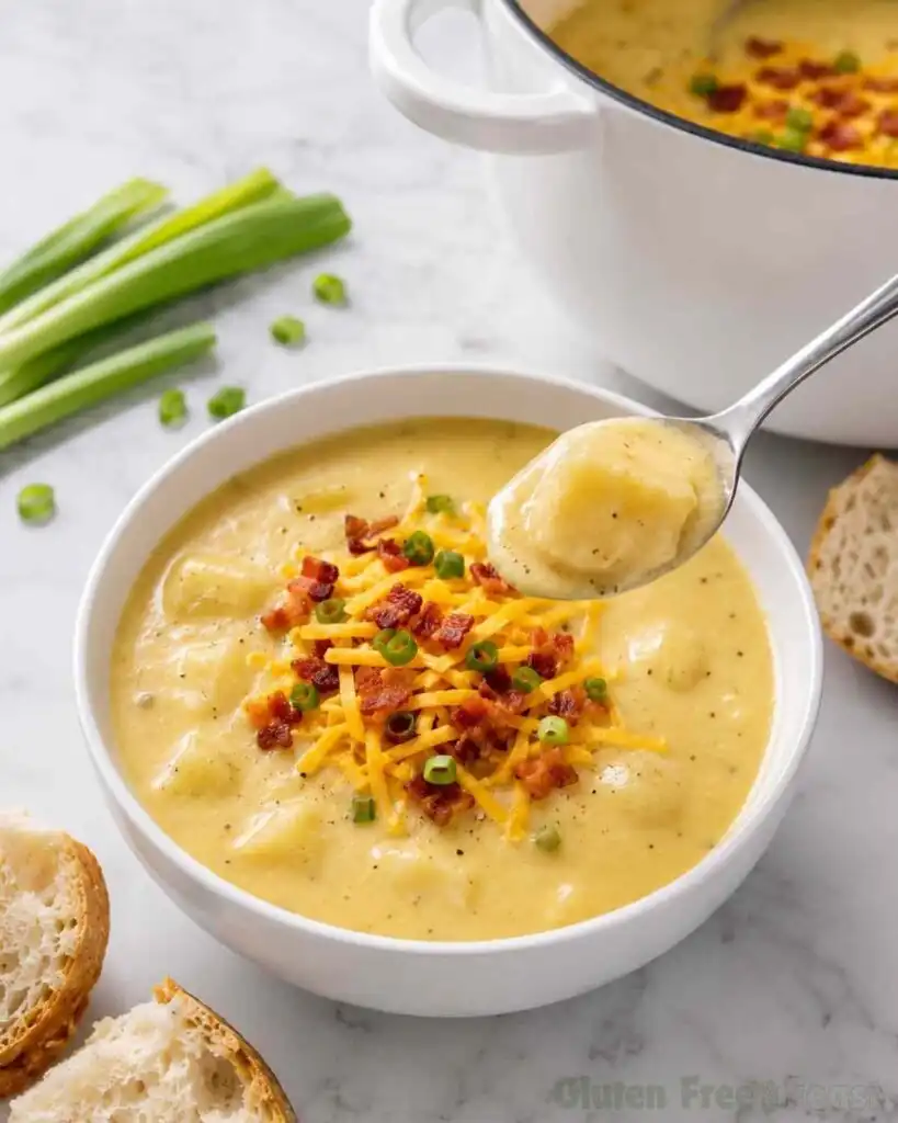 Spoon lifting creamy gluten free potato soup with tender potato pieces