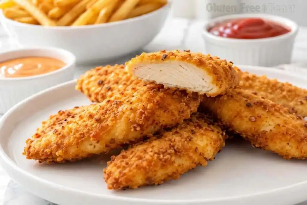 Close-up of crispy baked gluten-free chicken tenders with one sliced open to show the juicy interior.