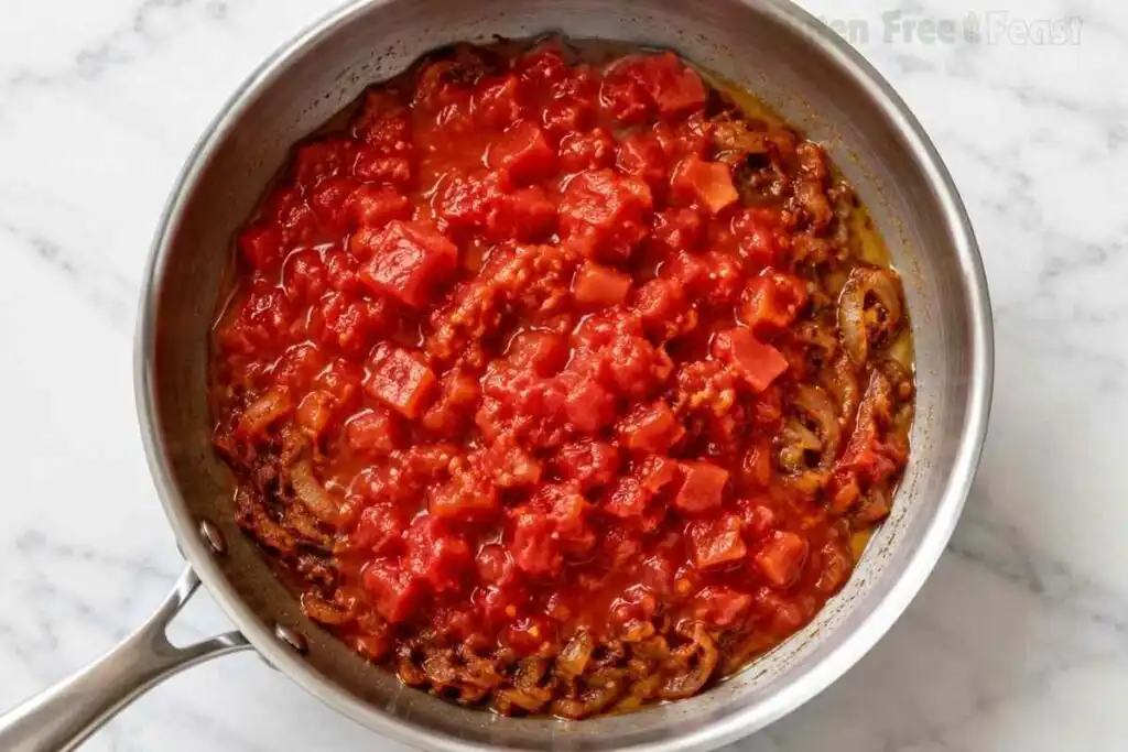 Diced tomatoes added to spiced onions in a stainless-steel skillet