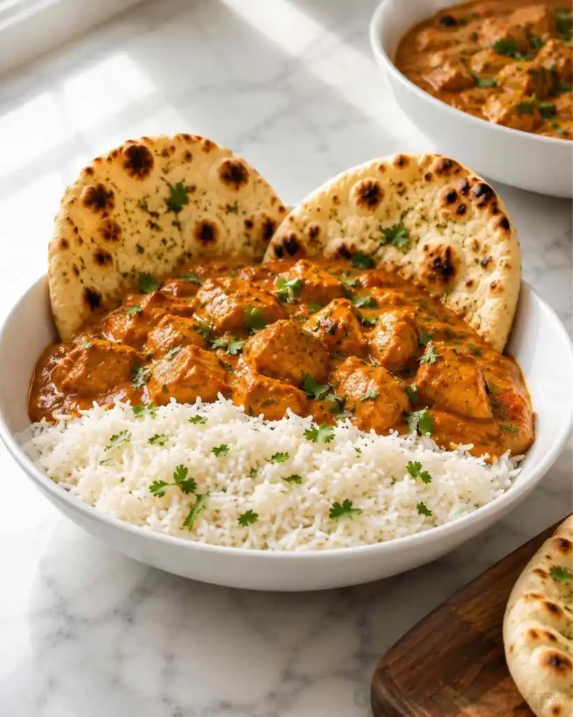 Bowl of gluten-free dairy-free butter chicken with rice and two pieces of naan