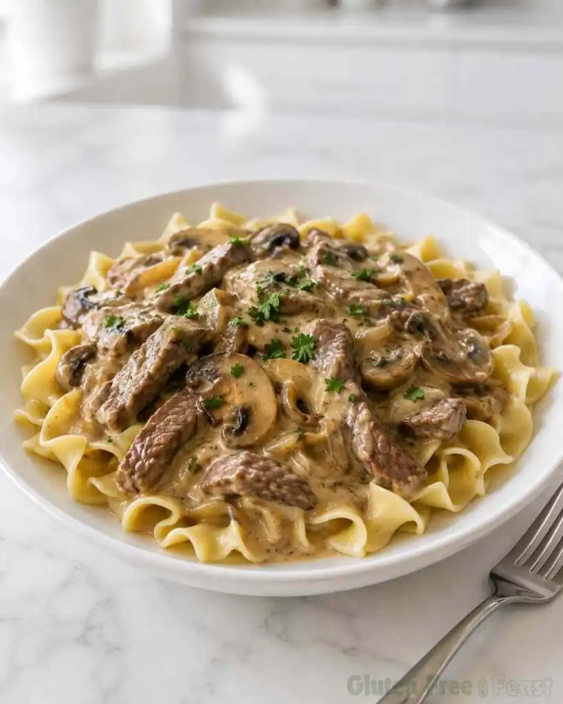 Bowl of Gluten Free Beef Stroganoff over gluten-free noodles topped with fresh parsley.