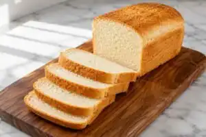 Sliced loaf of homemade gluten free sandwich bread on a wooden board