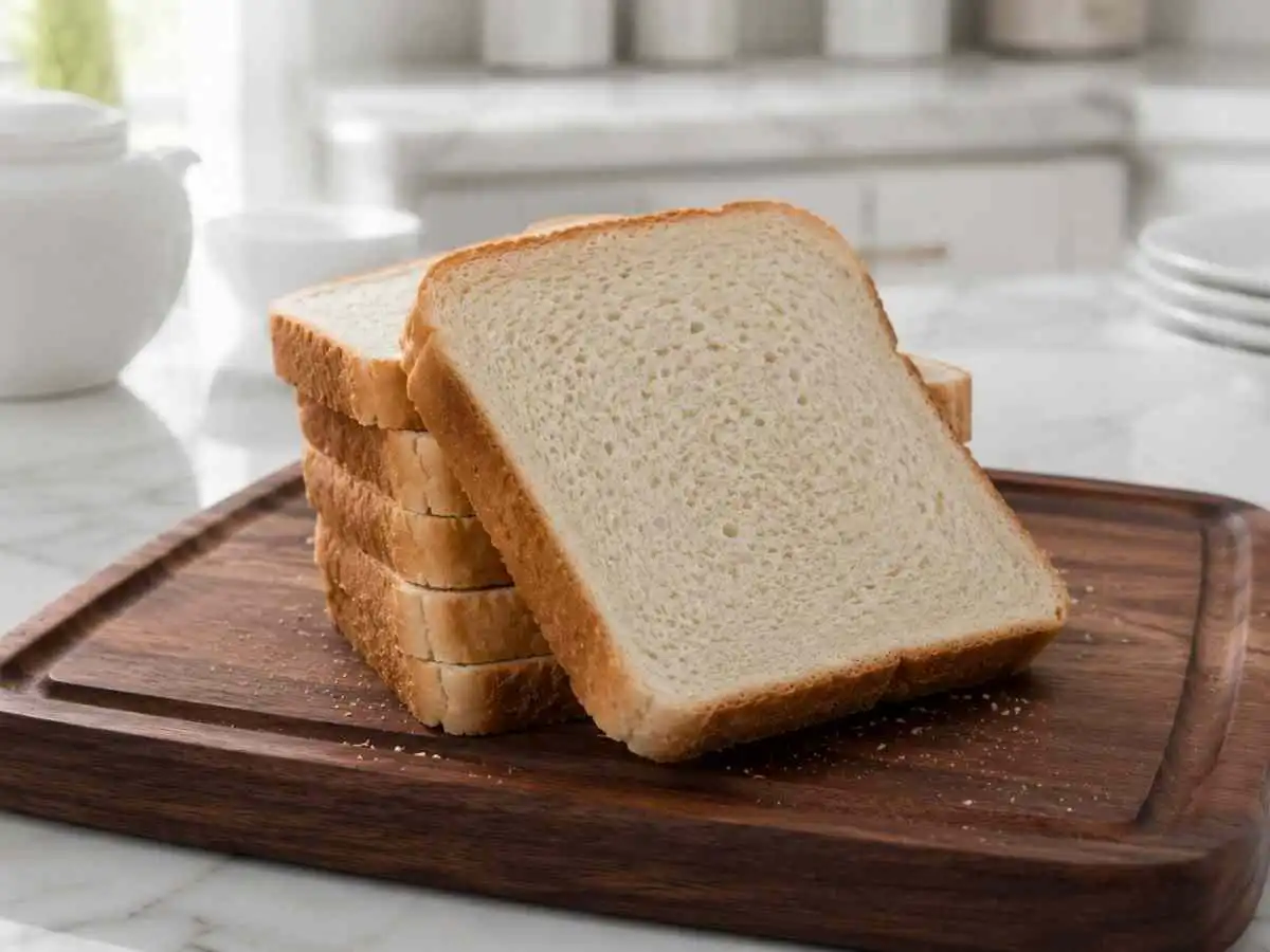 Thick slices of homemade gluten free bread served on a walnut cutting board.