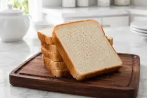 Easy Gluten Free Bread Recipe Freshly sliced homemade gluten free sandwich bread stacked on a walnut cutting board over a white marble countertop.