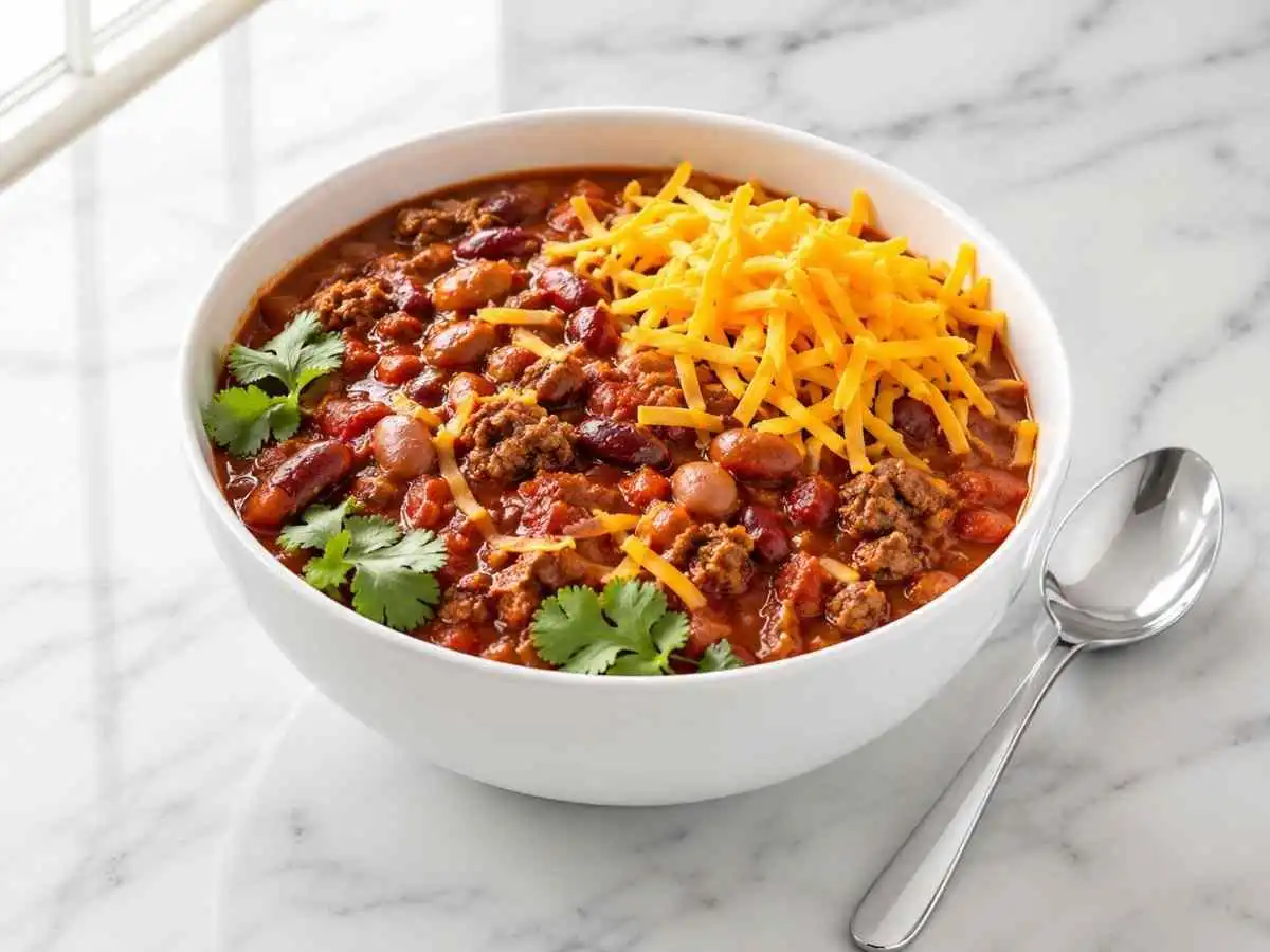 White ceramic bowl filled with gluten free chili, shredded cheddar, cilantro, and beans on marble.