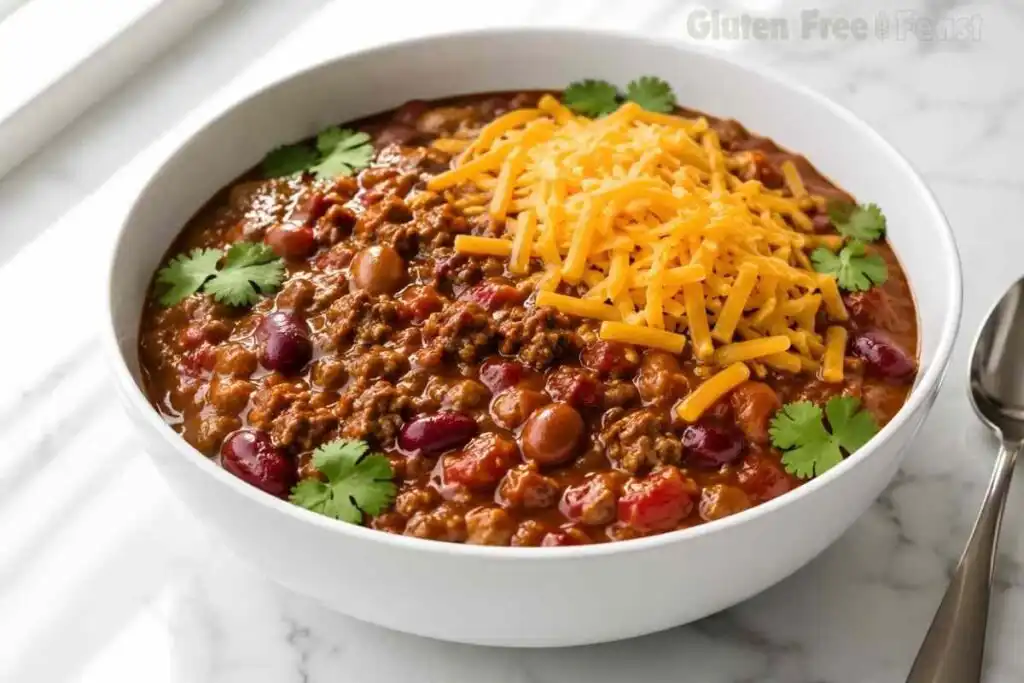 Finished bowl of gluten free beef chili with cheddar cheese, cilantro, kidney beans, and pinto beans.